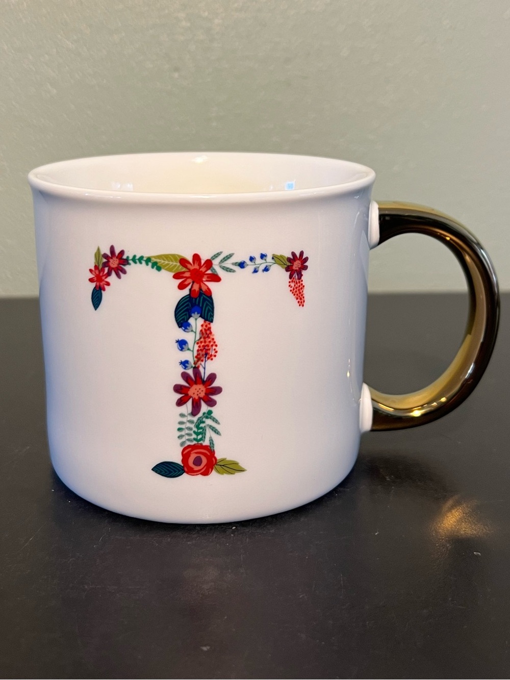 OPALHOUSE Monogram Letter T Initial Floral Porcelain Coffee Mug Cup Gold Handle